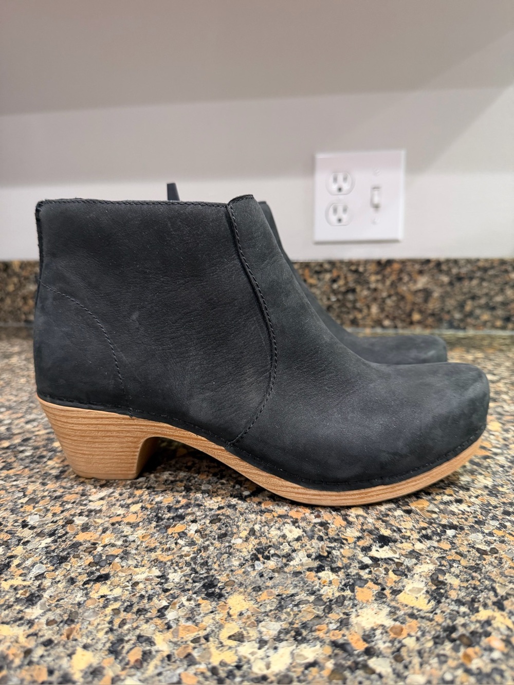 Dansko Maria Classic Black Ankle Bootie with Wood-Tone Heel 38